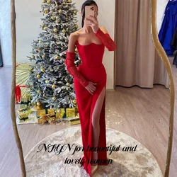 RFYR Red Evening Dress Sweetheart Satin Party Dress Detachable Sleeves Off Shoulder فستان سهرة Side Split Prom Dress Customized