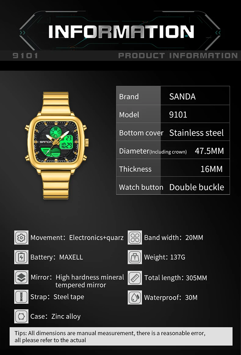 SANDA Men\'s Quartz Watch Outdoor Military Timing LED Digital Alarm Clock Stainless Steel Waterproof Sports Electronic Watch