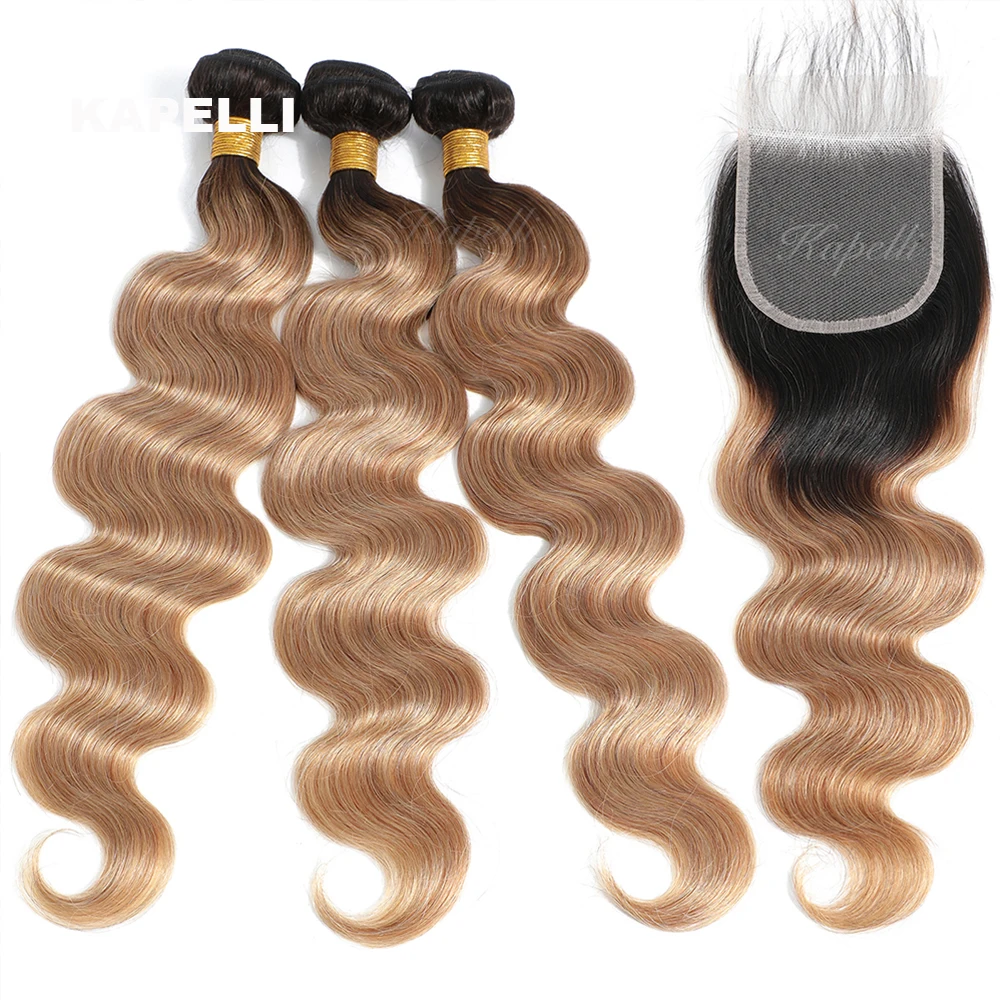 Honigblonde Body-Wave-Bündel aus 100% Echthaar mit 4x4-Verschluss, HD-Spitze, brasilianische Rohhaar-Extensions mit 13x4-Frontal. – Detail 3