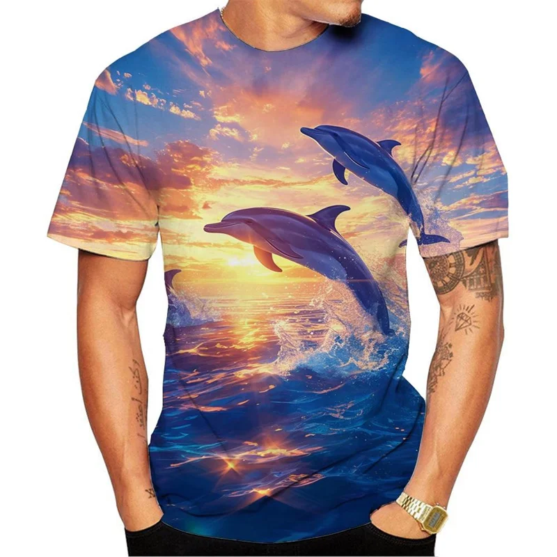 Funny Dolphin Pattern T Shirt For Men Colorful 3D Printed Tees Summer Casual Short Sleeve Loose T-Shirts O-Neck Tops Streetwear