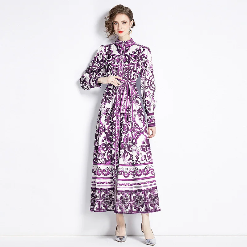 Faionable Court Sle Impresso Cercs Roxo Esmalte Botão Único Gola Inverno Thiened Feminino Dr Ordem Chinesa