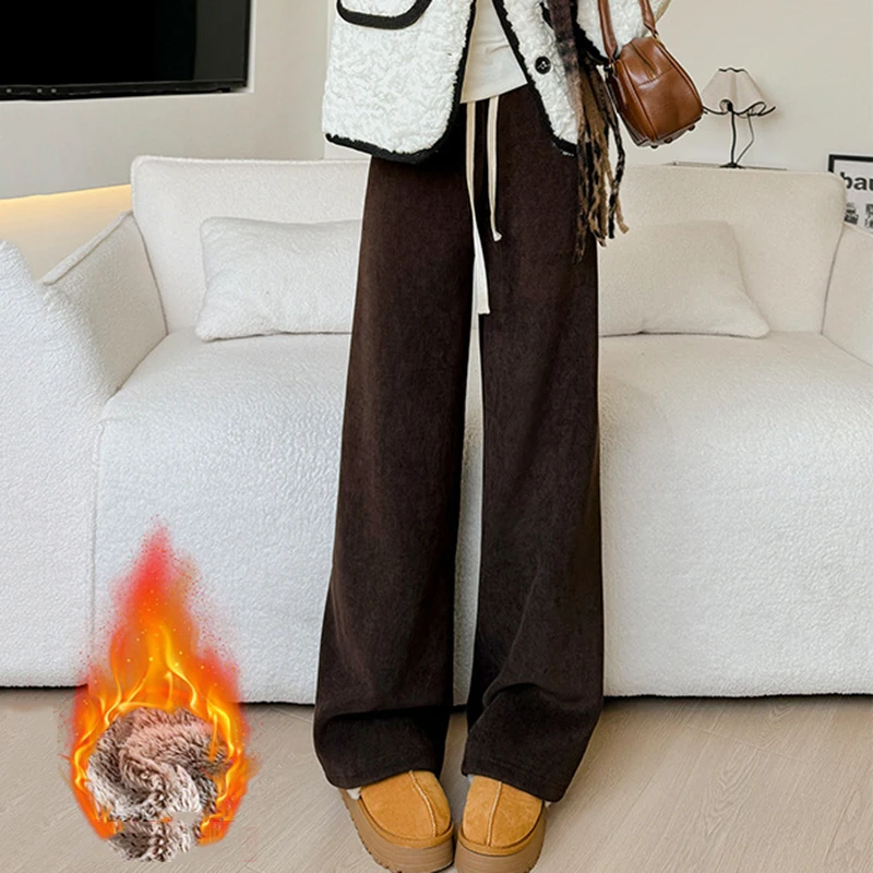 2025 الشتاء رشاقته الصوف السراويل النساء عادية مرونة عالية الخصر واسعة الساق السراويل امرأة الصلبة مستقيم الدافئة أفخم السراويل الإناث