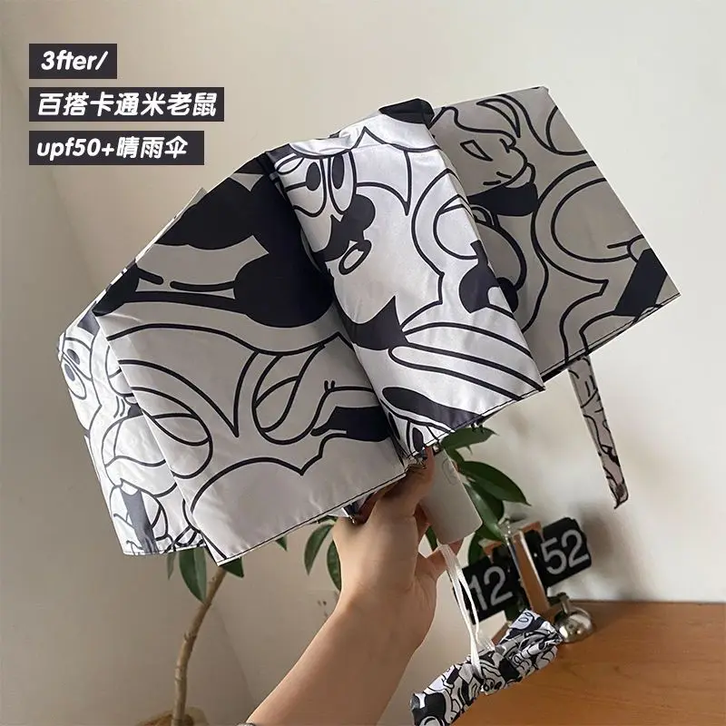 Disney Fully Automatic Mickey and Minnie Tri-fold Cute Cartoon Umbrella Vinyl Parasol Sun Umbrella Rain or Rain
