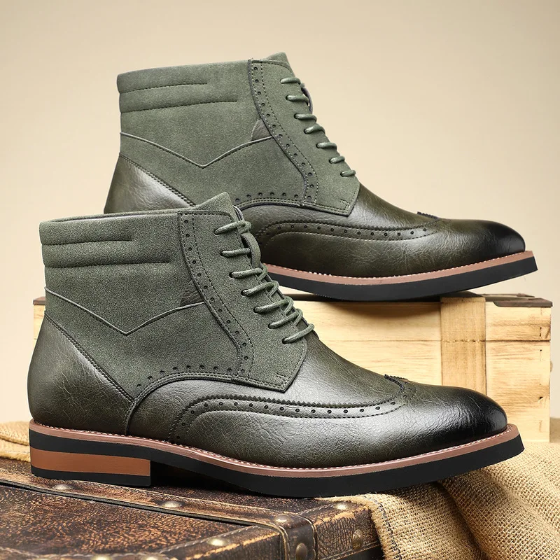 Men's Brogue Ankle Boots Patchwork Leather Suede Lace Up Wingtip Boot Vintage British Style Business Casual Short Boots Men