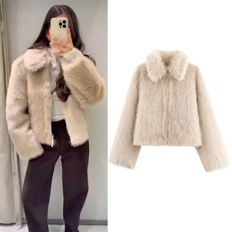 

Women's Jacket 2025 Autumn New Style Khaki Long-Sleeve Faux Fur Simple Jacket High-End Fashion Stylish and Elegant