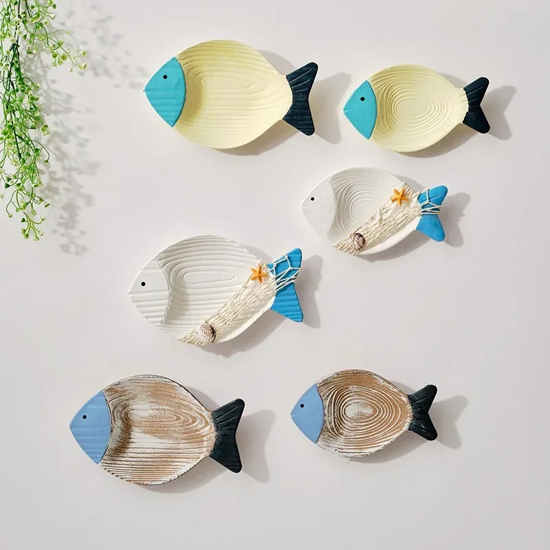 2Pcs/Set Mediterranean Wood Fish Wall Hanging Ornaments Shell Net Pendant Vintage Living Room Home Decor Ocean Beach Theme