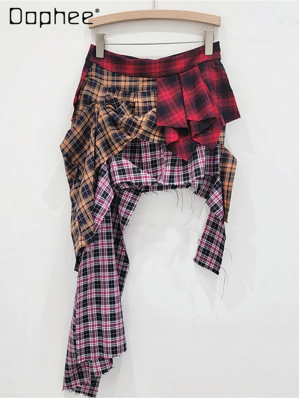 

Street Fashion Splicing Plaid Skirt Women Autumn New American Style Irregular Contrasting Skirt Hipster Y2k Skirt Korean Style