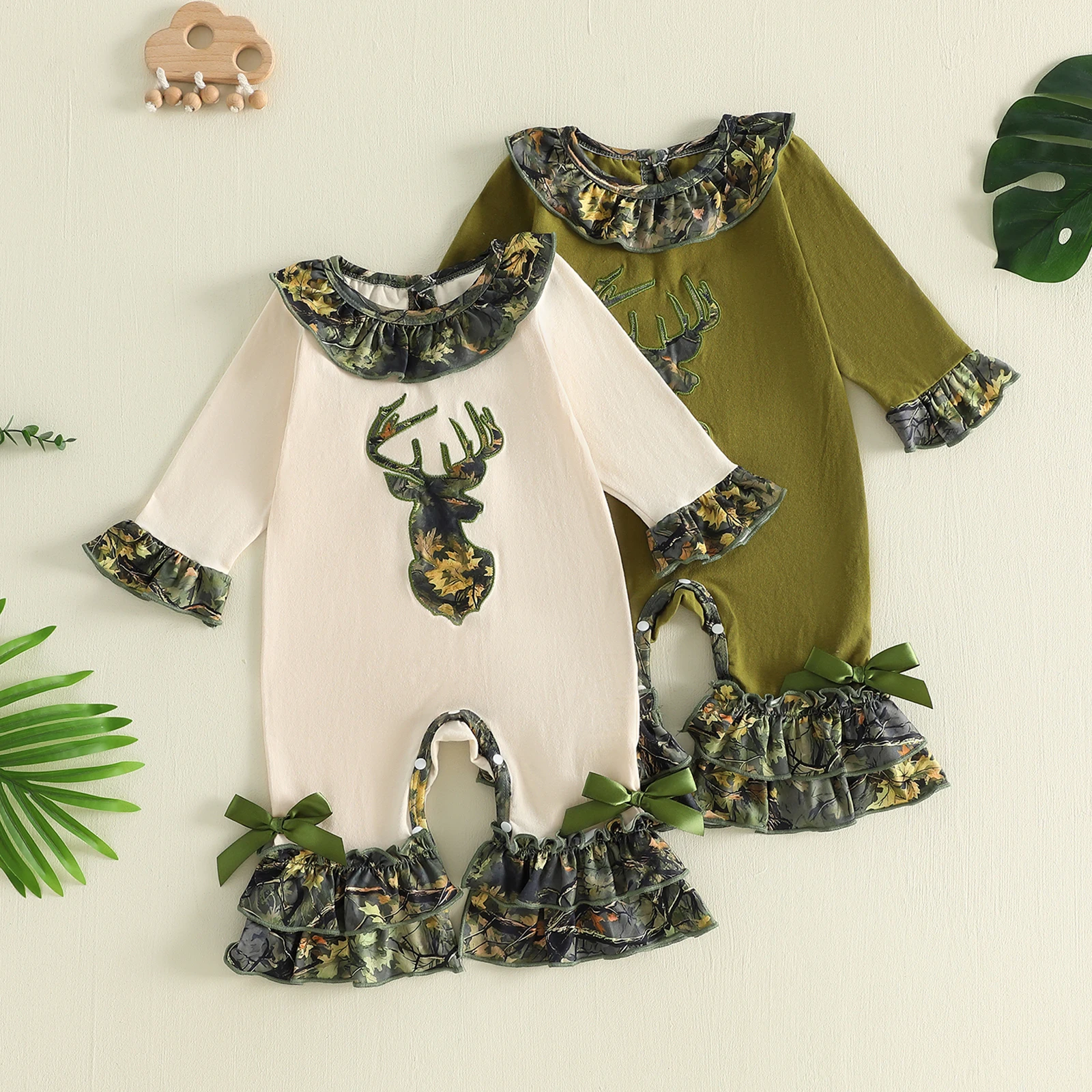 Baby Girl Fall Romper Deer Head Embroidery Ruffles Crew Neck Long Sleeve Infant Bodysuits Jumpsuits