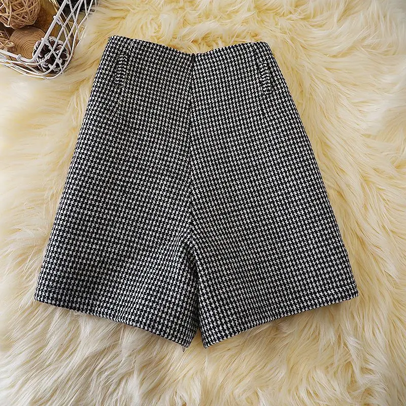 New Houndstooth Pattern Shorts for Women Autumn New High Waist Tweed Bottoms 2024 Fashion All-match A-line Wide Leg Shorts M49