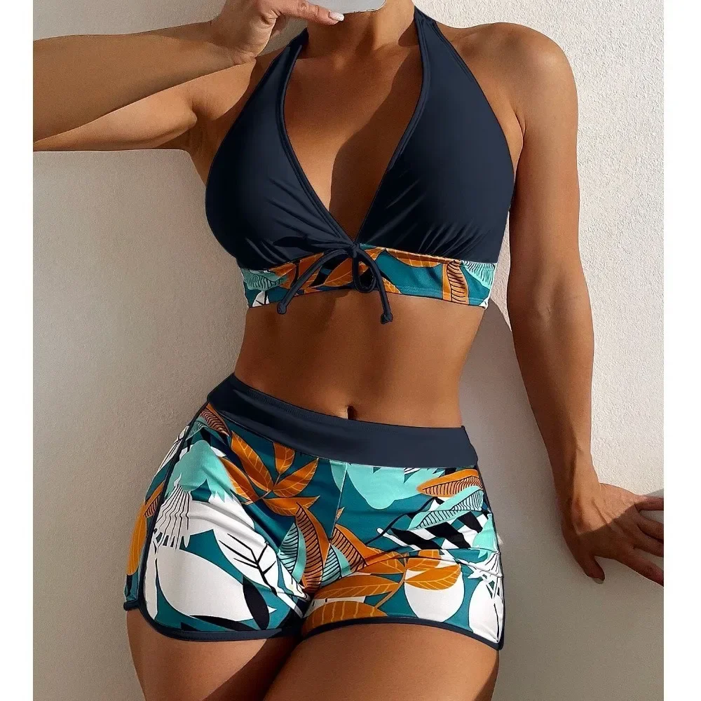 2024 Europe and The United States Swimsuit Women\'s Split High Waist Flat Angle Lace-up Print Solid Color Patchwork Swimsuit