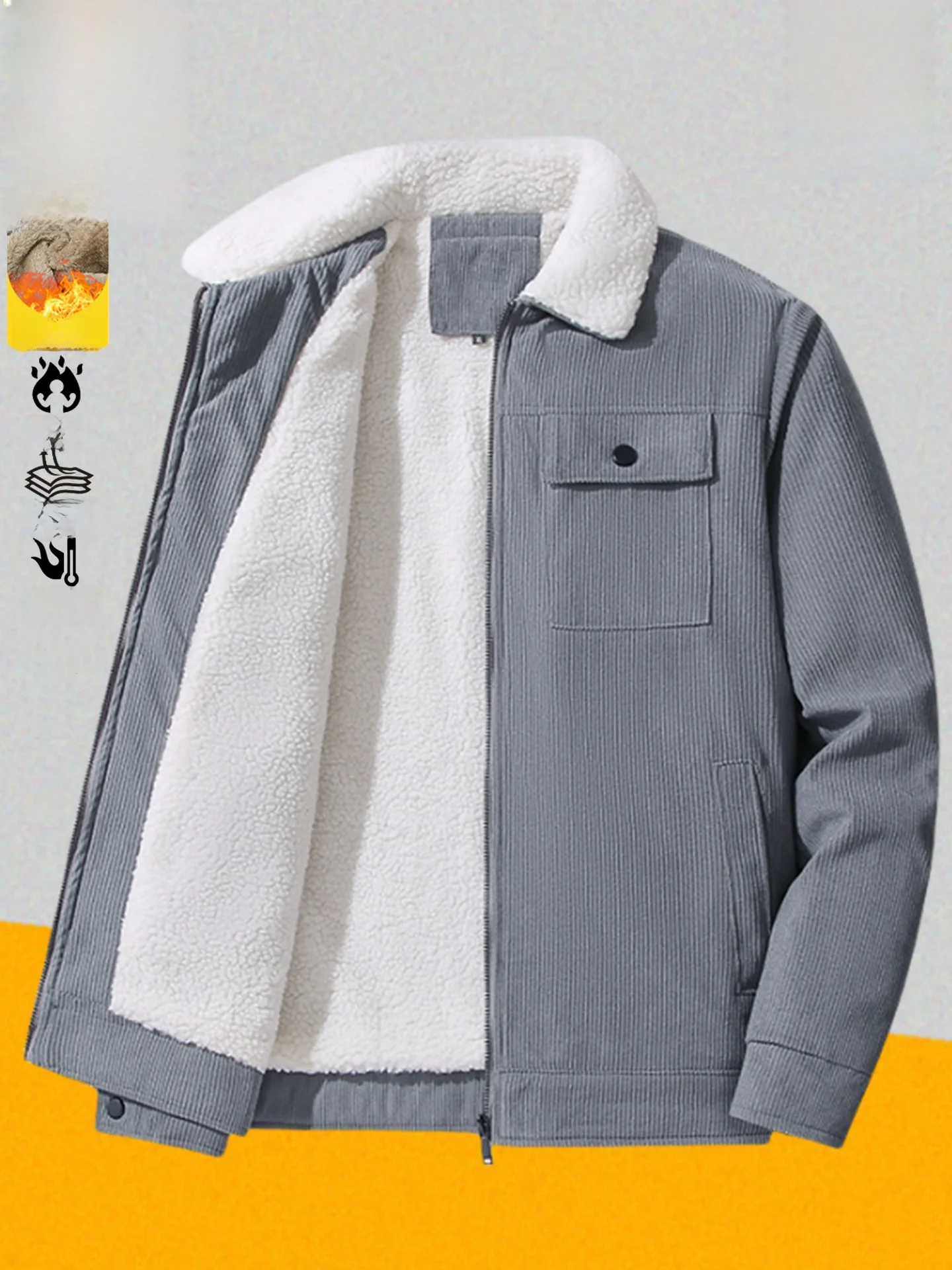 

Men's Thiened Fce Lined Casual Cotton Jaet Autumn Winter Lamb Velvet Coat Warm Ci Faion Stand Fit Zipper Closure