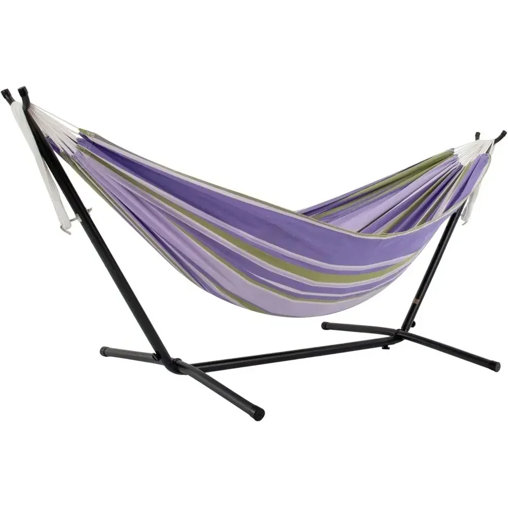 Double Cotton Hammock with Steel Stand, Polyester End Strings, 450 lb Capacity, Carry Bag - USA Cotton (Tranquility)