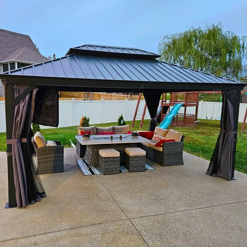 شرفة شرفة معدنية مقاس 12 × 16 قدمًا مع ستائر، وعريشة ألومنيوم دائمة للاستخدام الخارجي #1