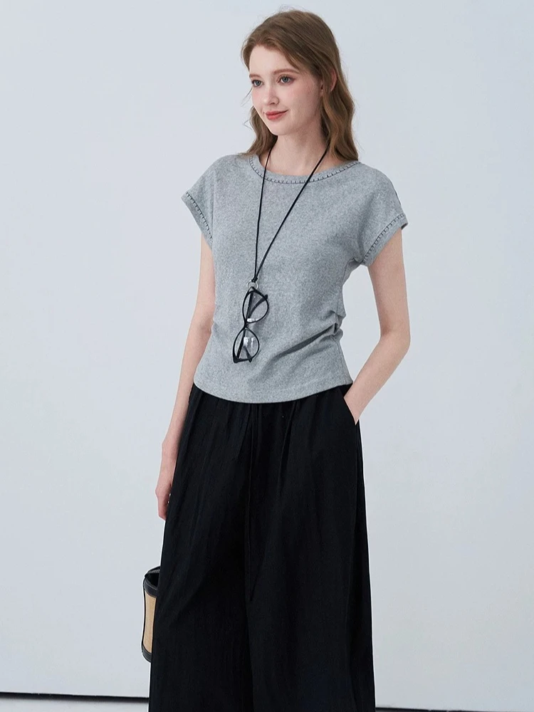 LIEDU Korean Fashion Plus Size Slim Fit Cap Sleeve Crewneck T Shirt Women Ruched Waist Contrast Stitch Trim Casual Daily Wear