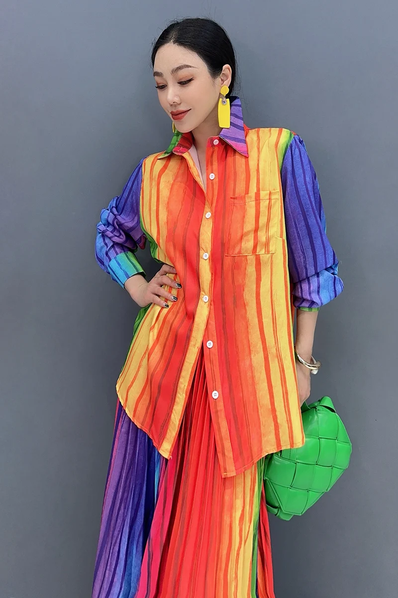 2024 Autumn New Women Set Colorful Shirt Loose Folds Colorful Large Swing Long Skirt Two Piece Set J392