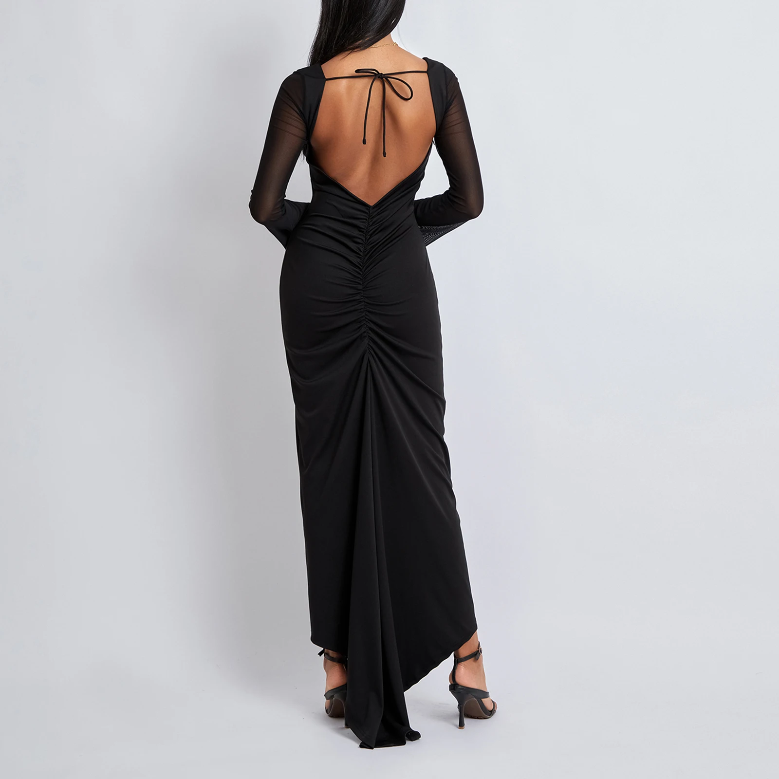 Women's Boydon Long Dress Long Sleeve Open Back Solid Color Ruched Dress Party Gown