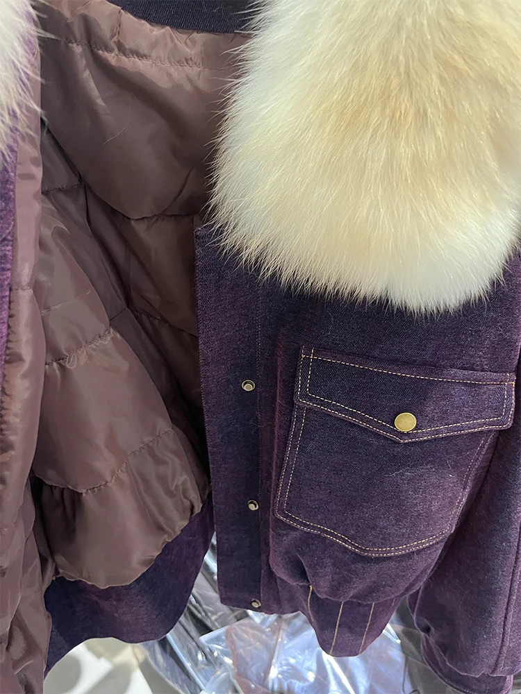 معطف الفرو الحقيقي فرو الثعلب الطبيعي سترة الشتاء الدافئة المرأة أوزة أسفل بطانة داخلية ملء الدافئة سروال قصير غير رسمي النسيج ملابس خارجية #5