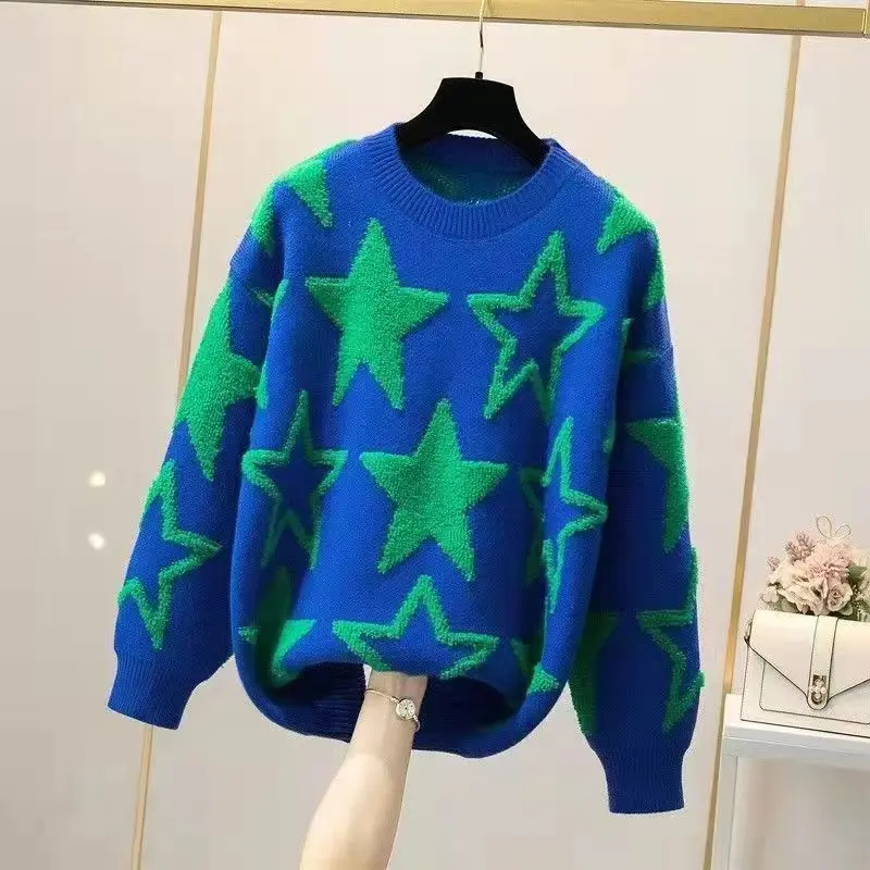 Korean Fashion Star Graphic Oversized Streetwear Harajuku Knitted Sweaters for Women Casual O Neck Long Sleeve Pullovers Jumpers