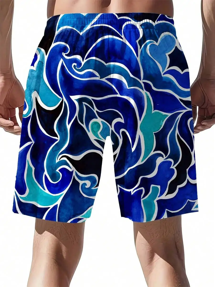 Mens Full Print Wave Pattern Swim Trunks Casual Beach Shorts For Outdoor Leisure