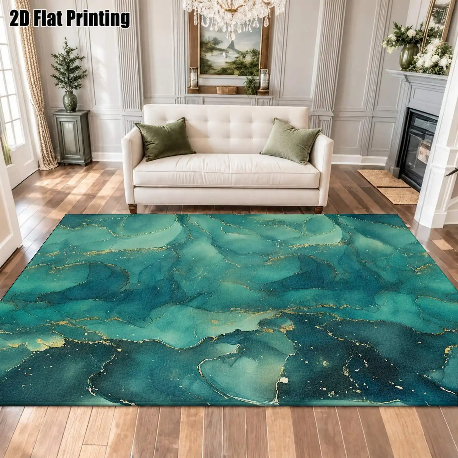 1Pc 2D Printed Carpet with Blue-Green Abstract Art Nordic/Instagram-Style, Modern Minimalist, Geometric Art Floor Mat, Home Decor, Multi-Size, Machine Washable, for Entrance, Dining, Foyer, Bedroom, Study, Living Room.