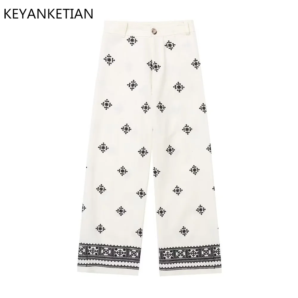 KEYANKETIAN Women Vintage  Embroidery Casual Linen Wide Leg Pants Female Chic High Waist Zipper Pantalone Ankle Length Trousers