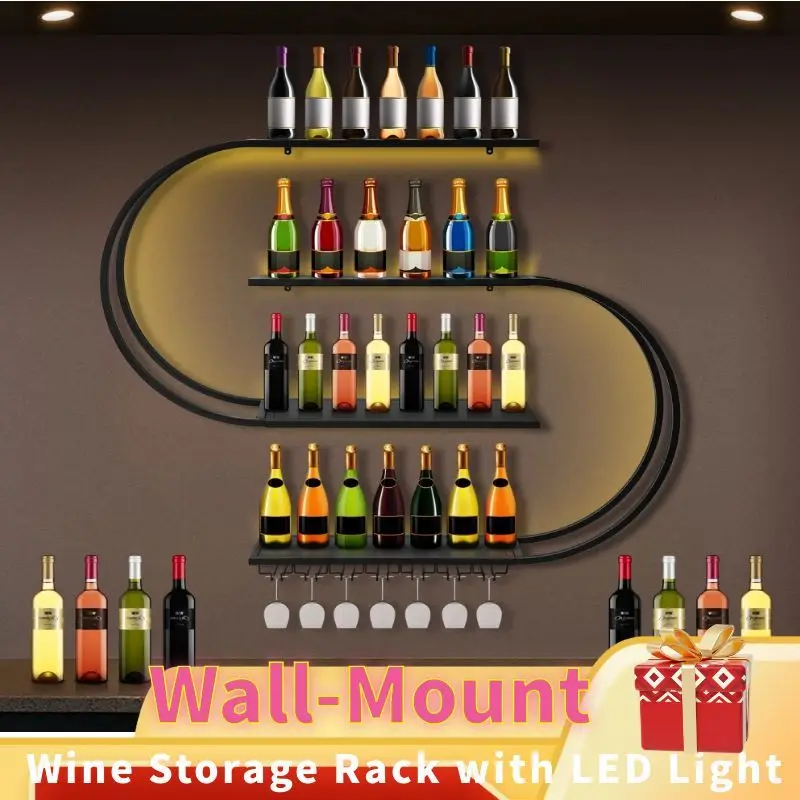 

3/4 уровня настенного крепления для вина со светодиодной подсветкой, держатель для бутылки, винного бара, адаптируемый одинарный миниатюрный черный стаканчик, стеклянная чашка для хранения вина