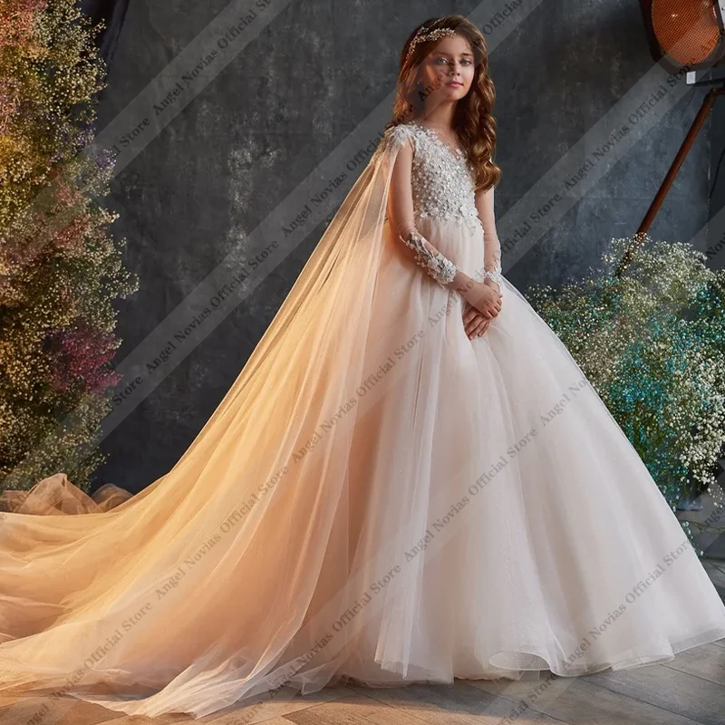 Vestido de niña de las flores Angel Novias de manga larga con faja, largo hasta el suelo, de encaje, para Primera Comunión o fiesta de boda
