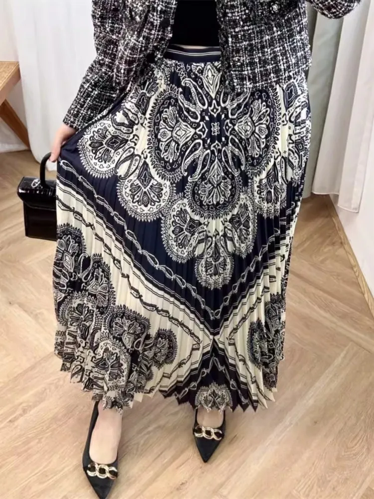 Elegant Women Vintage Ethnic Style Flower Printed Skirt Zipper High Waist Pleated Long Skirts Spring Summer Ladies A-Line Skirts