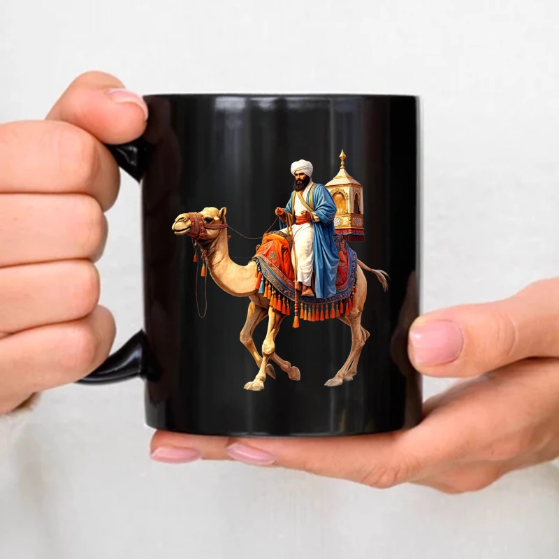 Ceramic mugs, black camel rider, traditional dress and gorgeous saddle, desert adventure theme, coffee and tea set, home office