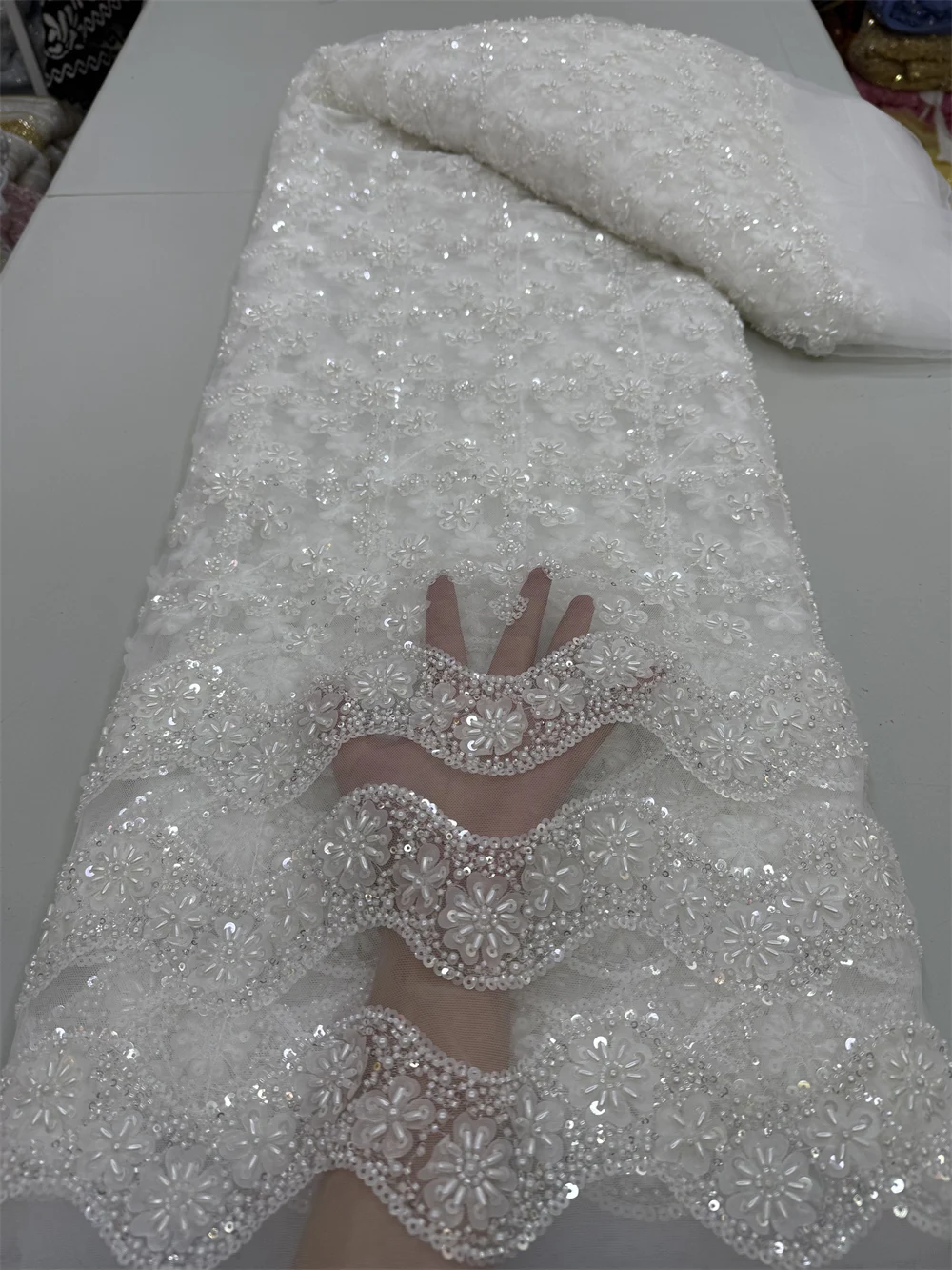 

African Beaded Mesh Lace Fabric,For Sewing,Clothes,Sequin,Tulle,Wedding Dresses,Embroidery,Fabrics By The Meter,Crafts,5 Yards