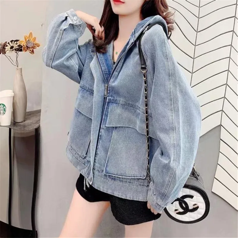 Korean Fashion Streetwear Hooded Sweatshirts Casual Patchwork Pocket Denim Long Sleeve Zip Up Hoodie Jean Jacket for Women Cloth