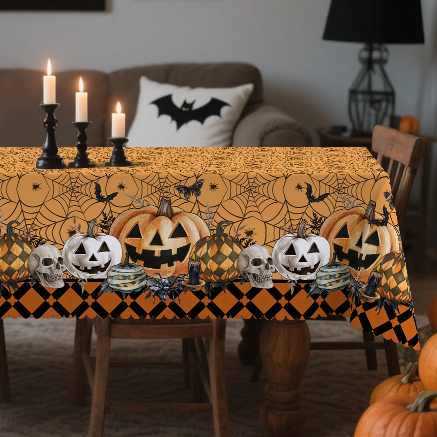 Grid spider web skeleton candle bat Halloween tablecloth - Washable table decorationzyc