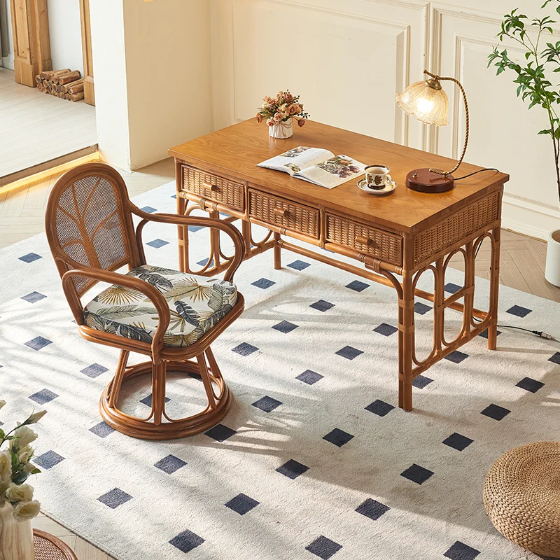 غرفة نوم من الروطان، خزانة تخزين طاولة مكياج فاخرة وبسيطة وحديثة، طاولة مكياج متكاملة، كرسي مكتب من الخيزران للمعيشة #2