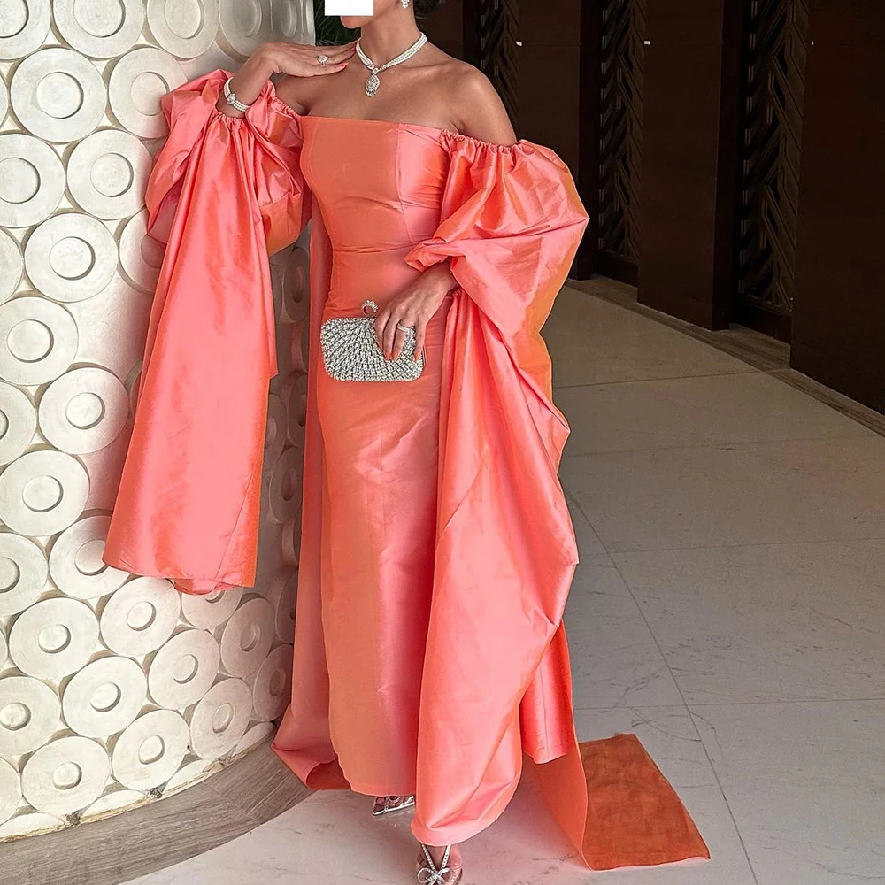 

High Quality Puff Sleeves Satin Evening Dresses Temperament Straight Ankle Length Strapless Long Sleeves Vestidos De Fiesta