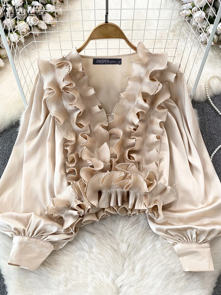 ZANZEA 2024 Vintage Shirts Women American Fashion Tops Casual Loose Solid V-neck Blouse Chic Lantern Long Sleeve Ruffles Tunic