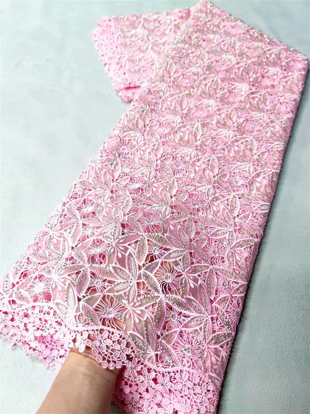 

Pink Nigerian Cord Lace Fabric With Sequins African Stones Lace Fabric 2024 High Quality Water Soluble For Luxury Dress Wp536-1