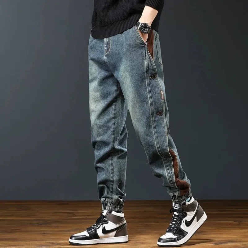 Jesień Mężczyźni Modny Amerykański Vintage Patchwork Luźne Dżinsowe Spodnie Cargo Y2K Casual Streetwear Kieszenie Baggy Jeans Pantalones Hombre