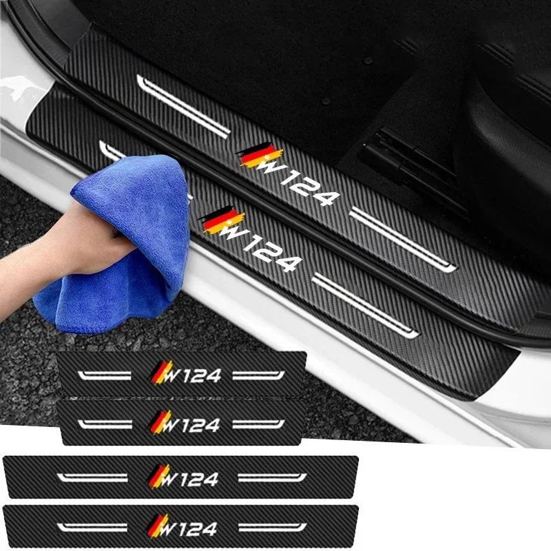 ألياف الكربون عتبة باب السيارة عتبة لوحة بالية الشارات لمرسيدس بنز W124 شعار E الفئة AMG ملصقات دواسة الحرس شريط إضاءة طويل