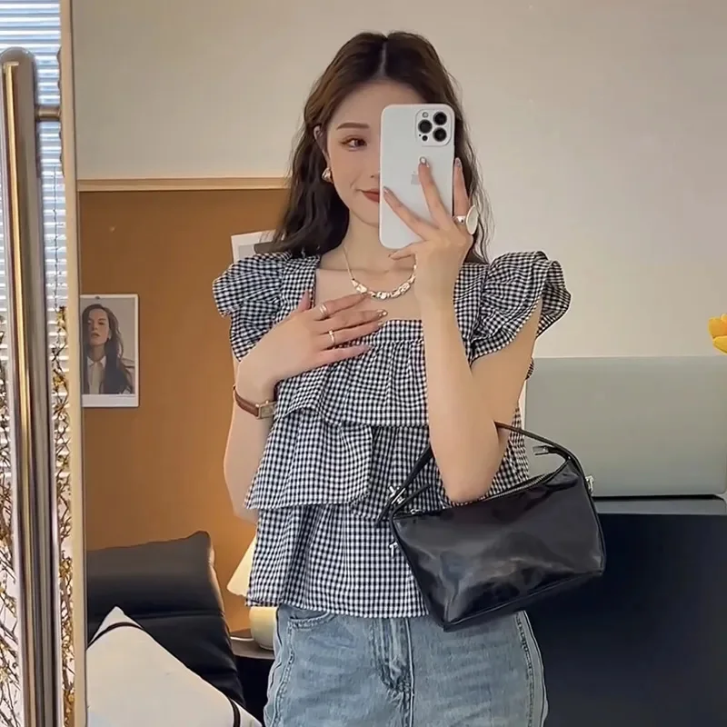 Korean Flying Sleeve Shirt Women Summer Square Neck Plaid Tierred Ruffled Blouse Elegant Sweet Cake Chic Pretty Style Clothes