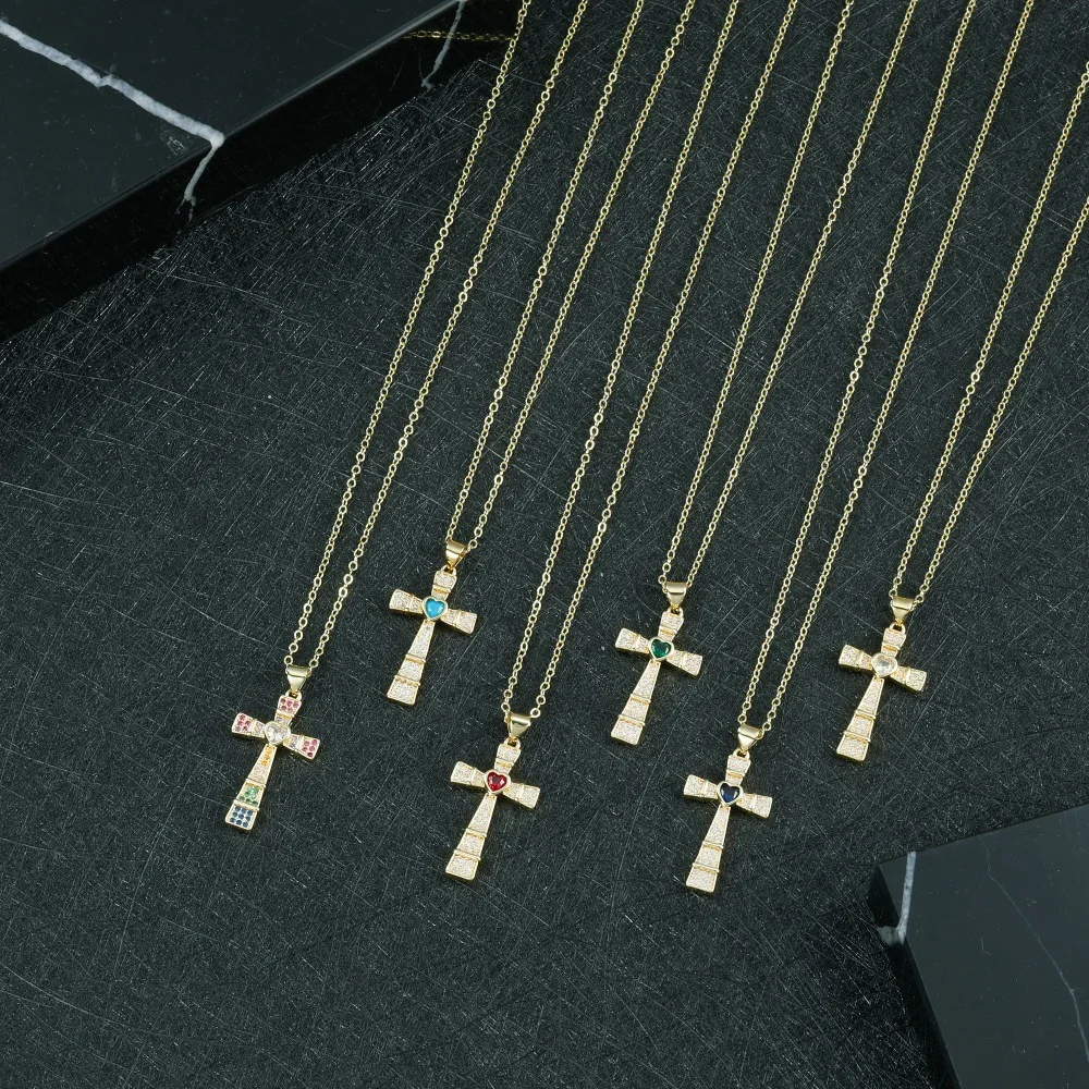 Fashion Cubic Zirconia Cross Pendant Necklace For Women Gold Plated Clavicle Chain Colorful Heart Gem Choker Trendy Lucky Jewelr - view 4