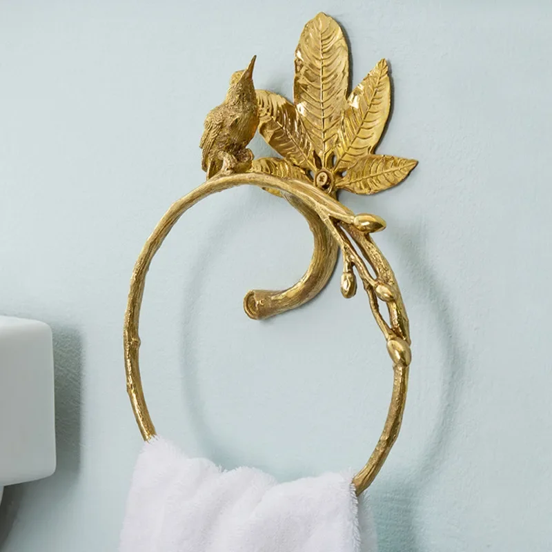 Retro Light Luxury Brass Bird Towel Ring Toilet Bathroom Towel Holder Perforated Towel Wall Hanging Storage Rack