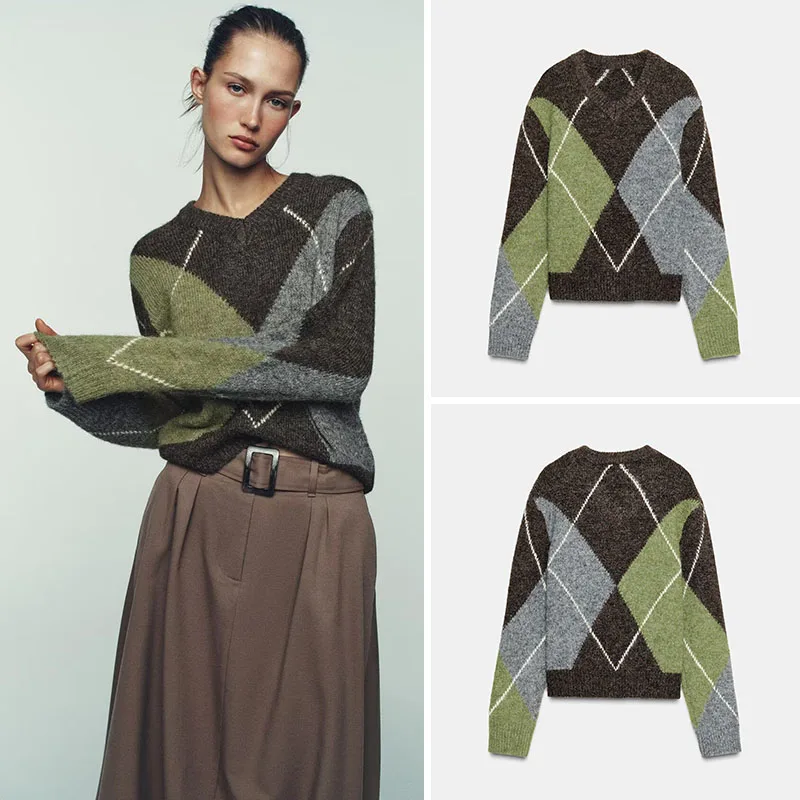 

Winter New Arrival Women's Knitted Sweater Simple Long Sve V-Ne Diamond Pattern Commute Sle Regular Fit Single Piece