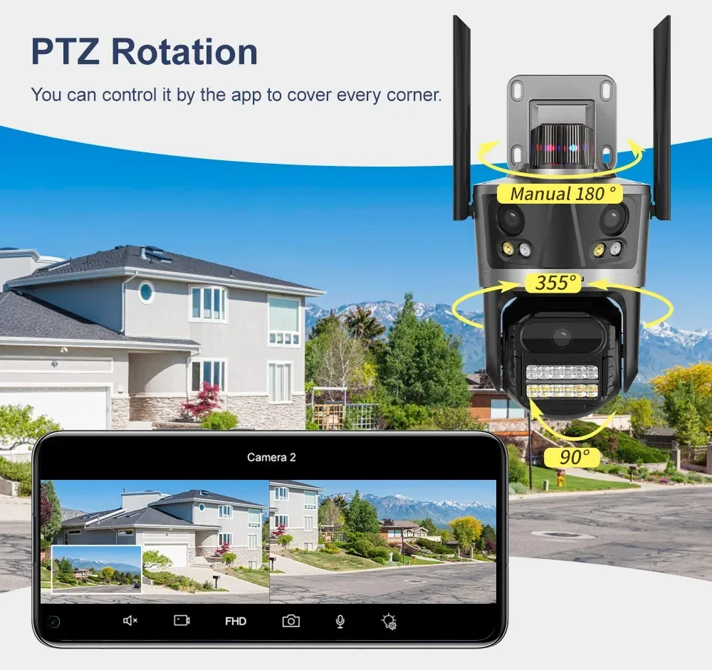8MP HD Three Lens Three Screens Wifi Camera Outdoor Security Motion Tracking PTZ Video Camera Digital Zoom Surveillance Icsee