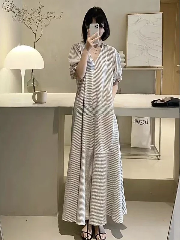 

plus Size 300 Pou Korean Sle V-Ne Bubble Sve Striped Dr Women's Slimming Versatile Mid-Length Summer Dr