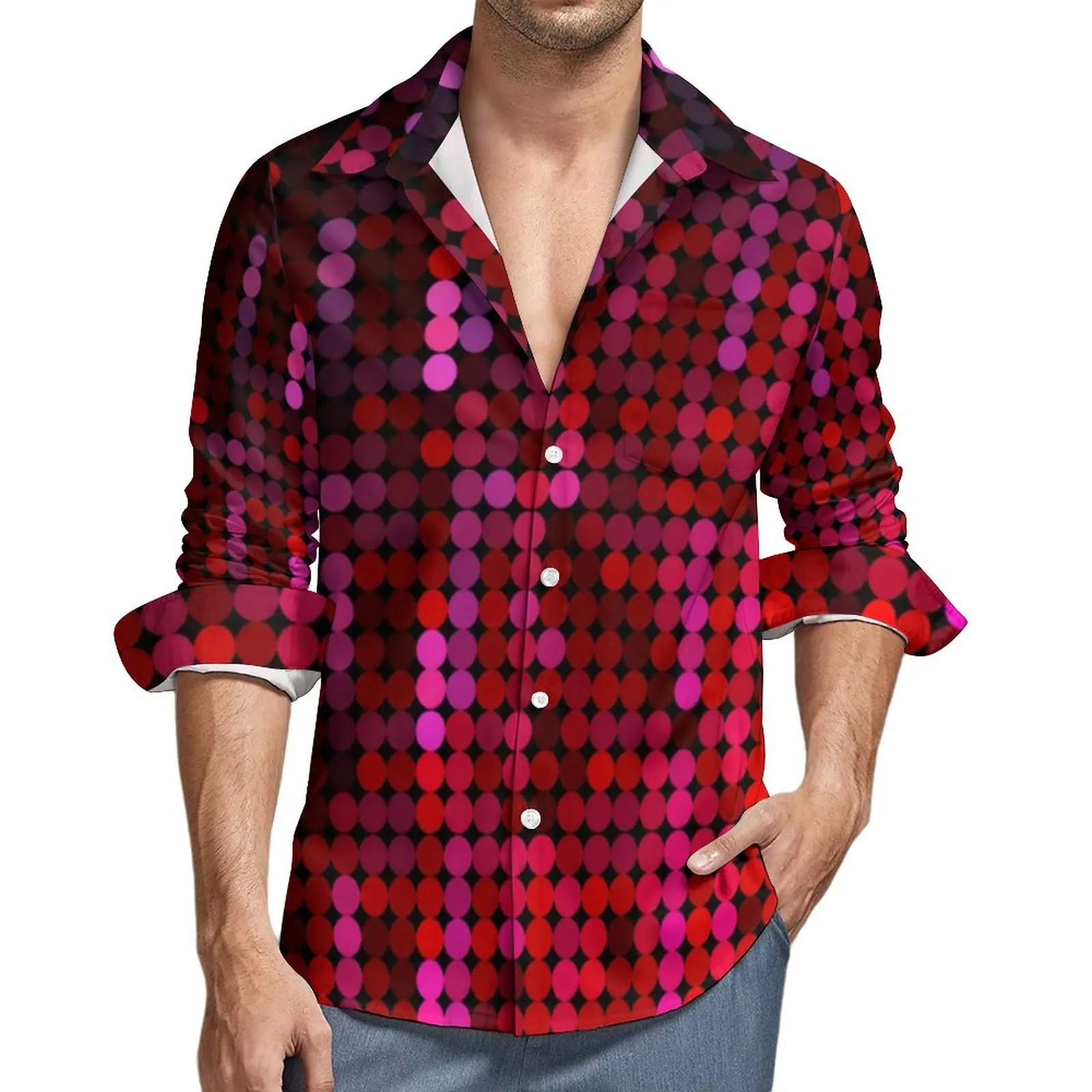 Red Disco Ball Shirt Autumn Pink Sequin Print Casual Shirts Male Trending Blouses Long Sleeve Graphic Y2K Clothing Big Size