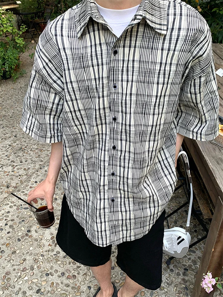 

American Retro Striped Men's irt ort Sve Summer Lazy Sle Cheered irt T-irt Five Sve Top Coat Loose Fit Yout...