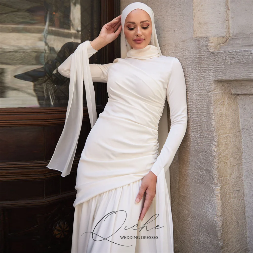 QICHE Bescheiden Plooi Moslim A-lijn Trouwjurk Vrouwen Lange Mouw Hoge Kraag Party Gown Vloerlengte Vestido De Novia Aangepaste