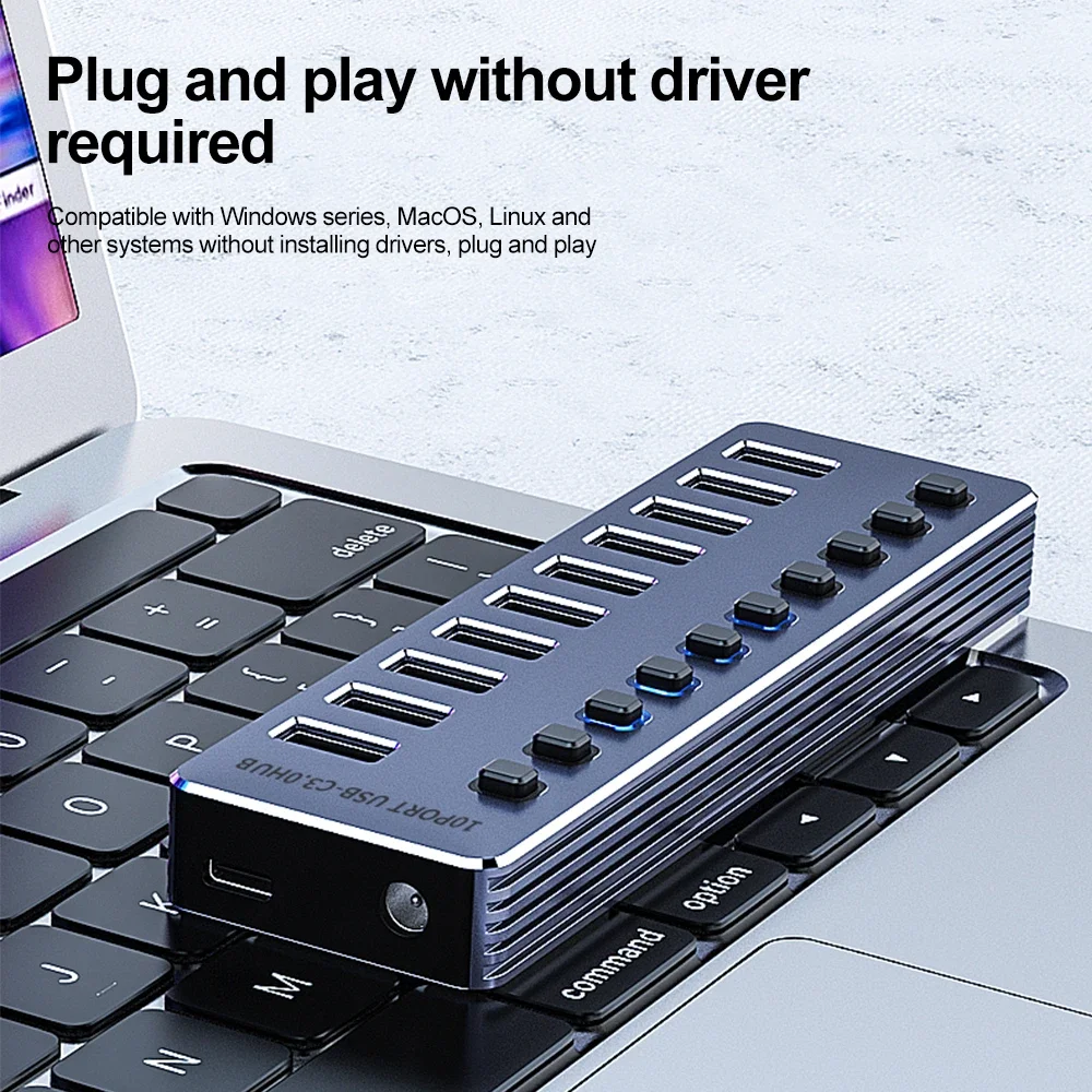 10/7 in 1 Powered USB HUB USB 3.0 Interface Individual Switch Heat Dissipation with On/Off Switches 12V Power Adapter for Laptop view 6
