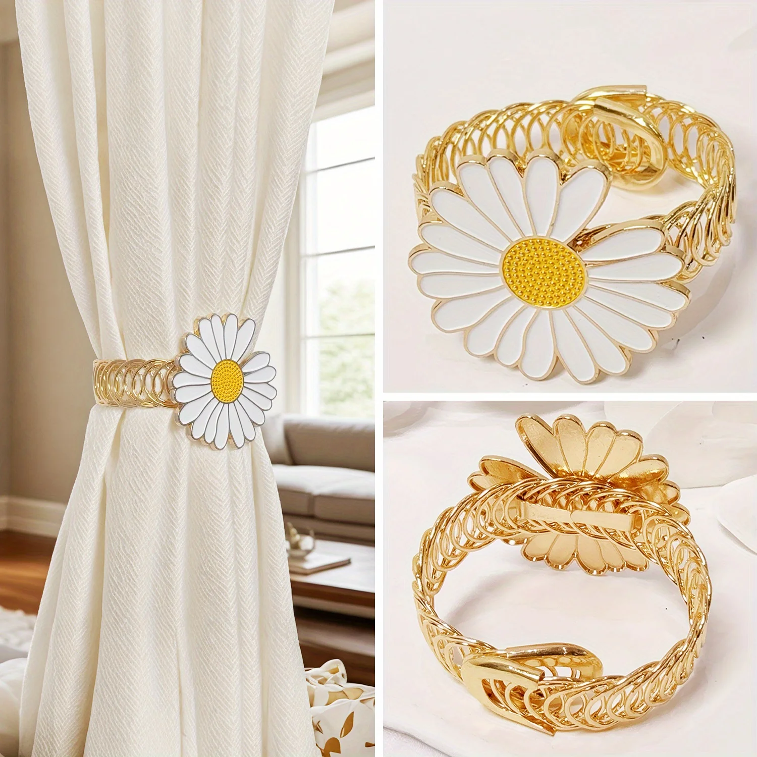 大きなデイジーの金属カーテンフック2個、リビングルーム、寝室、書斎の装飾に最適、耐久性とファッショナブルなカーテン固定