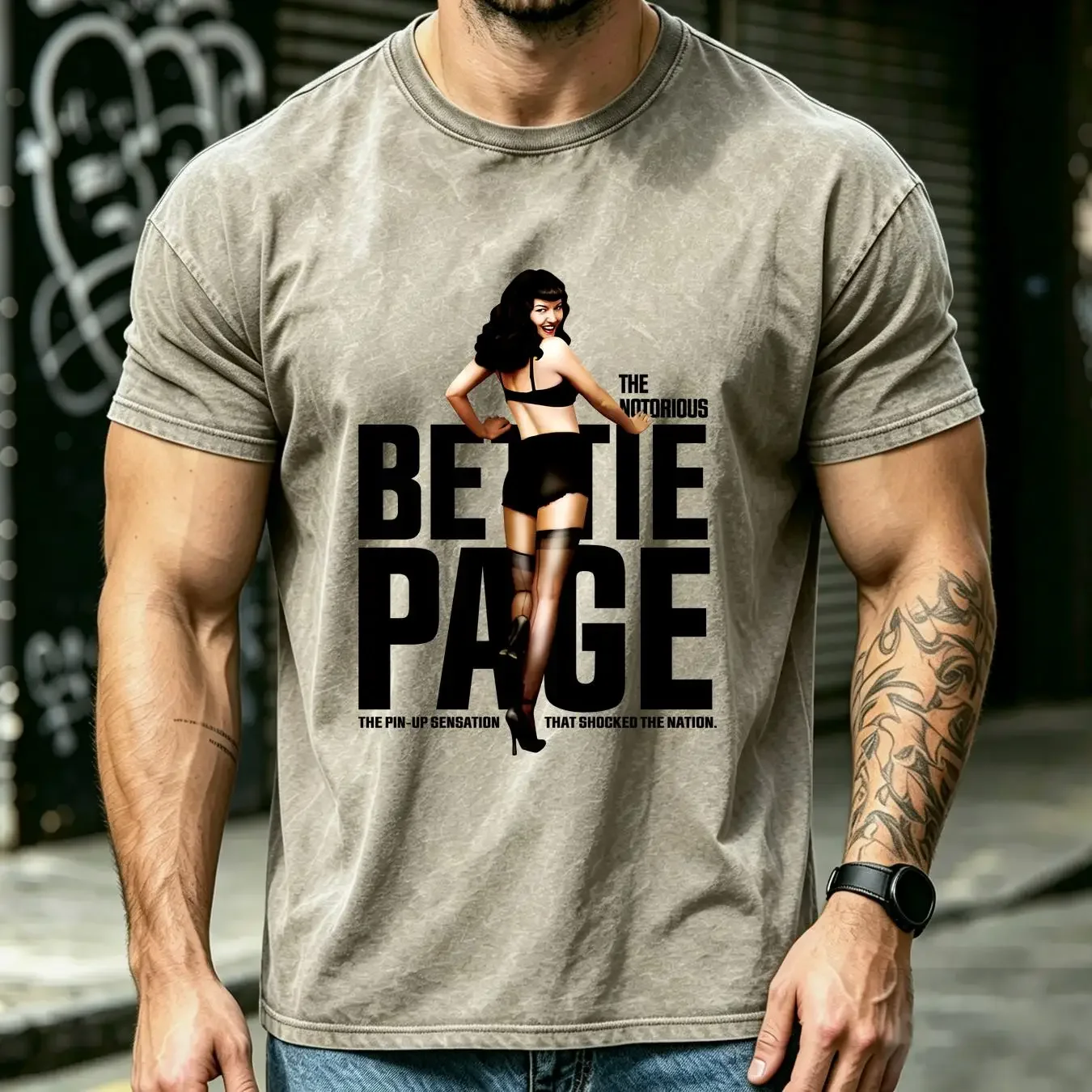 washed T Shirt Bettie Page V5 Vintage Natural color Men's DTG Digital Print SIZES S M L XL 2XL 3XL 4XL 5XL long or short